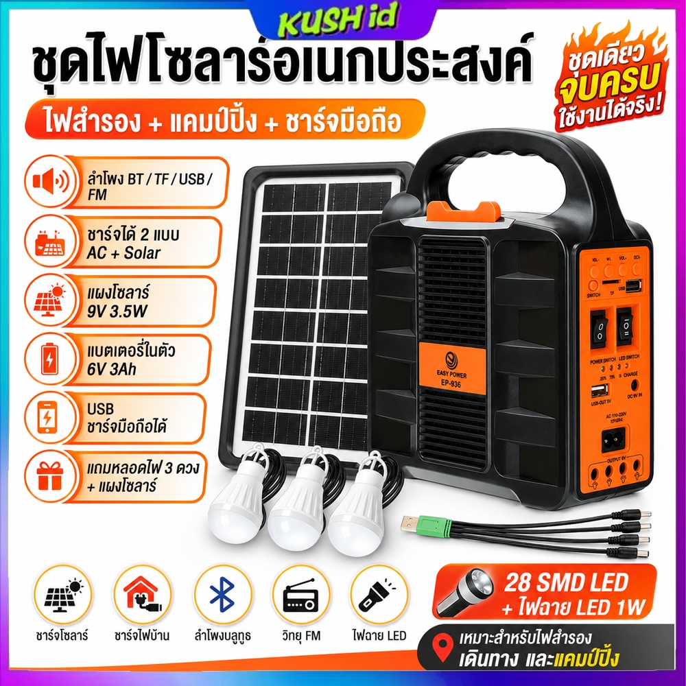 ระบบผลิตไฟฟ้าแบบพกพาสำหรับกลางแจ้ง แหล่งจ่ายพลังงานสำรองจากแสงอาทิตย์ ลำโพงวิทยุ ทนทาน