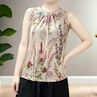Women's Plus Size Floral Sleeveless Shirt, Casual Round Neck T-Shirt, New Fashionable and Versatile Ice Silk Vest Top