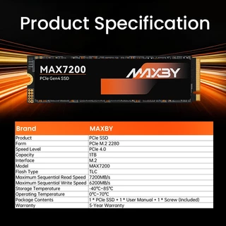 MAXBY MAX7200 SSD 1TB M.2 2280 NVMe PCIe 4.0 ความเร็ว 7200MB/s สำหรับเล่นเกม PS5 ประกอบคอม ตัดต่อวิดีโอ รับประกัน 5 ปี