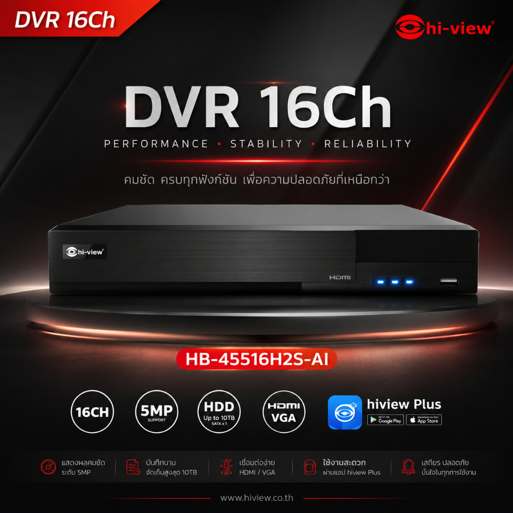 เครื่องบันทึกภาพกล้องวงจรปิด DVR Hiview รุ่น AHD HB-45516H2S-AI CH รองรับกล้อง 5 ล้าน รองรับ 5 ระบบ 5 in 1