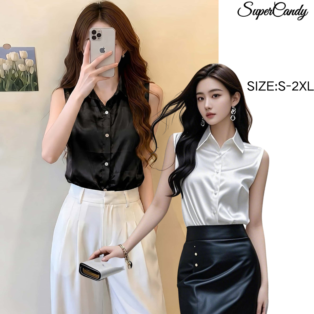 SuperCandy🌷เสื้อเชิ้ตผู้หญิงผ้าซาตินมันวาว ไม่มีแขน ตัดตัวสวย สไตล์ฝรั่งเศส ใส่ออฟฟิศ รุ่นใหม่ฤดูร้อน
