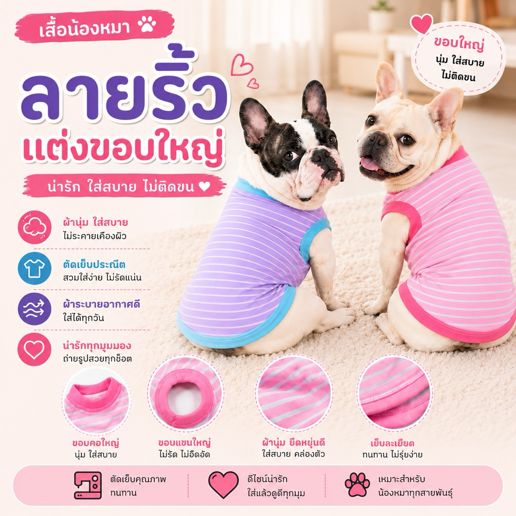 🌈พร้อมส่ง🐶 เสื้อหมามัดย้อม ลายริ้ว เสื้อสงกรานต์ แบบแขนกุด กุ๊นขอบใหญ่ ตัดโทนสีน่ารักมาก  เนื้อผ้าไมโคร ไม่ติดขน