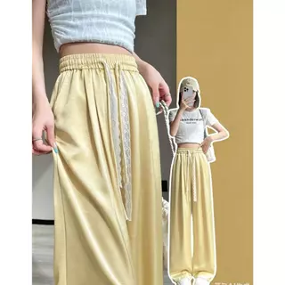 M-2XL 7สี กางเกงสีครีมผ้าลูกไม้แบบเชือกรูด ทรงขากว้างสำหรับ ผู้หญิง ดีไซน์พลิวสวย ใส่ได้หลากหลายสไตล์ เอวสูง มีเท็กซ์เจอ