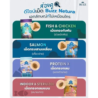 Buzz Netura บัซซ์ อาหารแมวโฮลิสติก-เกรนฟรี สูตรเนื้อปลา ไก่ สูตรแซลมอน ProteinX และ Indoor