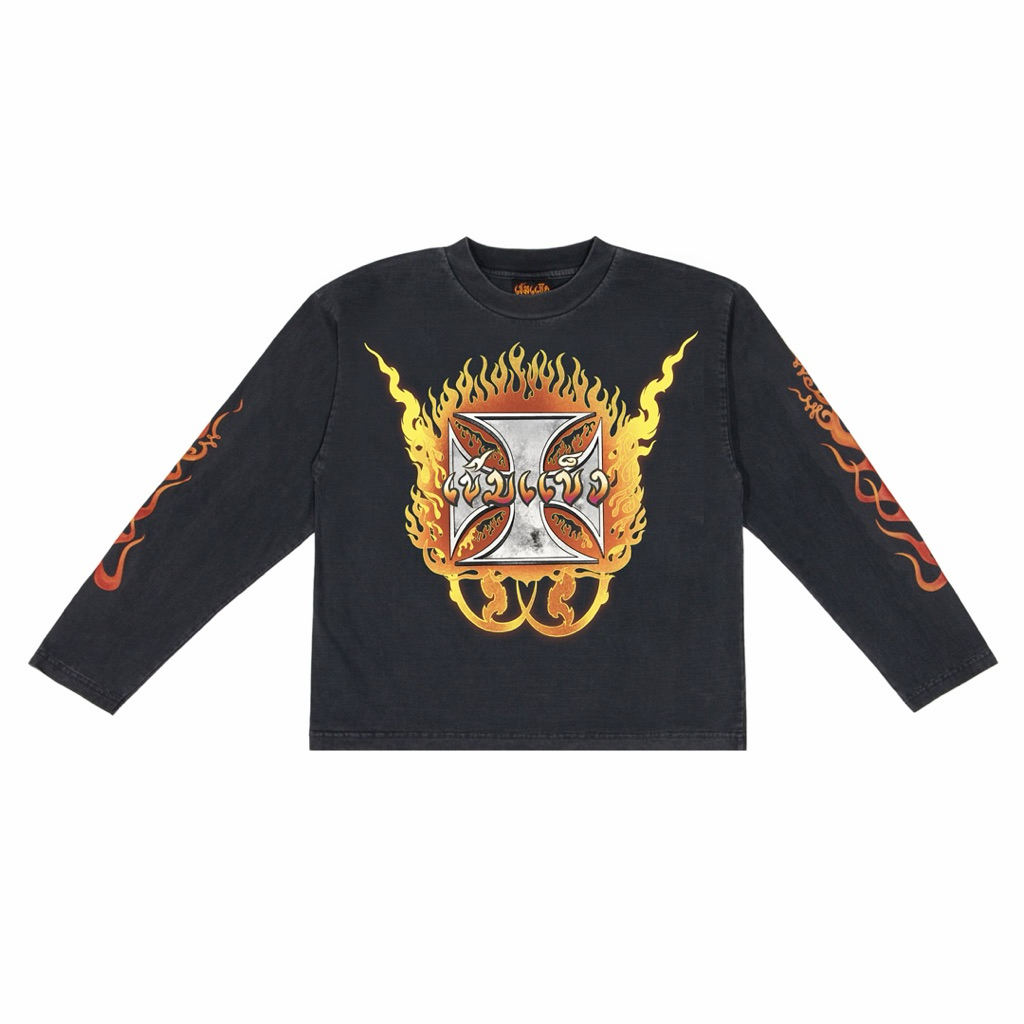 เสื้อเข้มแข็ง เข้มแข็ง FIRE ”ไฟลุกปลุกใจ “ ลายไทย ไฟกนก เข้มแข็ง  “แขนยาวดำเฟด“ สกรีนแขนไฟ