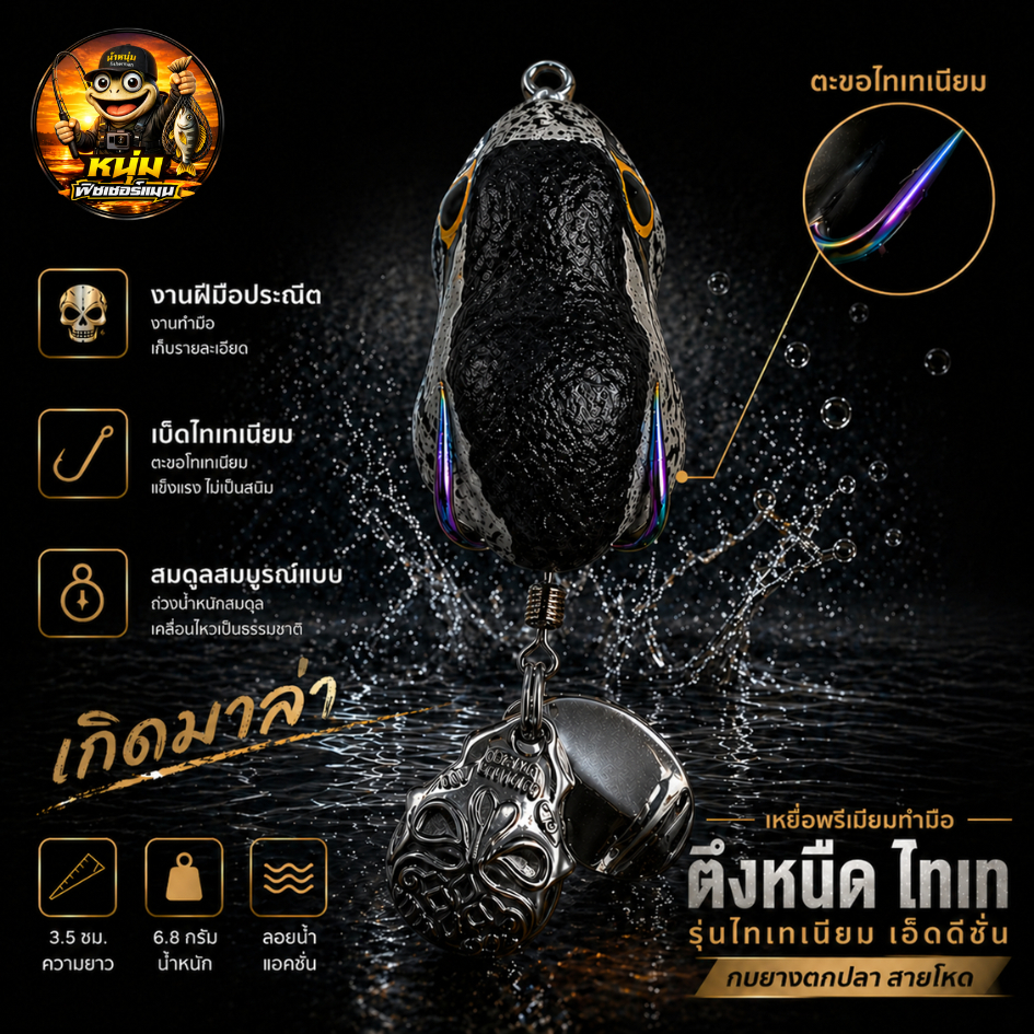 018 กบยางตึงหนืด ไทเท ขนาด 3.5 เซน น้ำหนัก 6.8 กรัม ใบเคาะคู่ เบ็ดไทเทเนียม มี 5 สี #กบยาง