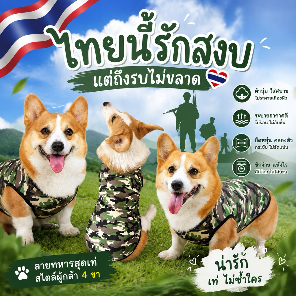🇹🇭พร้อมส่ง🇹🇭 เสื้อหมา เสื้อแมว เสื้อลายทหาร เสื้อลายพราง แบบแขนกุด ใส่สบาย (เลือกลายได้)