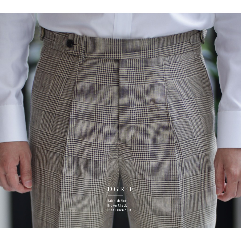 Baird mcnutt Natural Brown Check Irish Linen Classic Side Adjuster Pleated Pants - กางเกงผ้าไอริชลินินลายตารางสีน้ำตาล