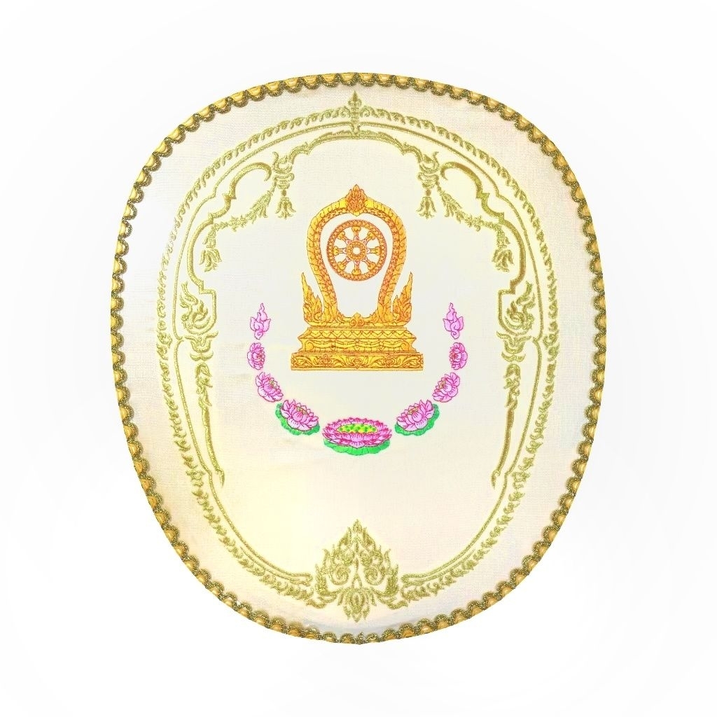ตาลปัตร ผ้าไหมญี่ปุ่นอย่างดี ปักไหมดิ้นทอง ด้ามหัวท้ายชุบทองสวยงาม งานบวช กฐิน ทำบุญ