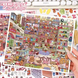 สติกเกอร์จัดฉากร้านของวินเทจ ขนาดใหญ่ DIY บ้านจิ๋ว 3D สติกเกอร์แต่งสมุด ของเล่นเสริมทักษะ