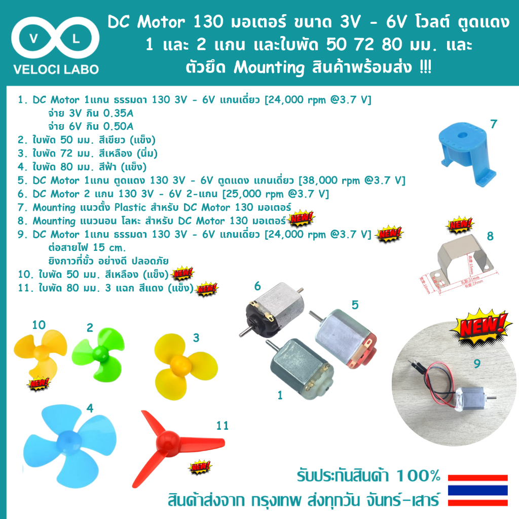 DC Motor 130 มอเตอร์ ขนาด 3V - 6V โวลต์ ตูดแดง 1 และ 2 แกน และใบพัด 50 72 80 มม. และ ตัวยึด Mounting สินค้าพร้อมส่ง !!!