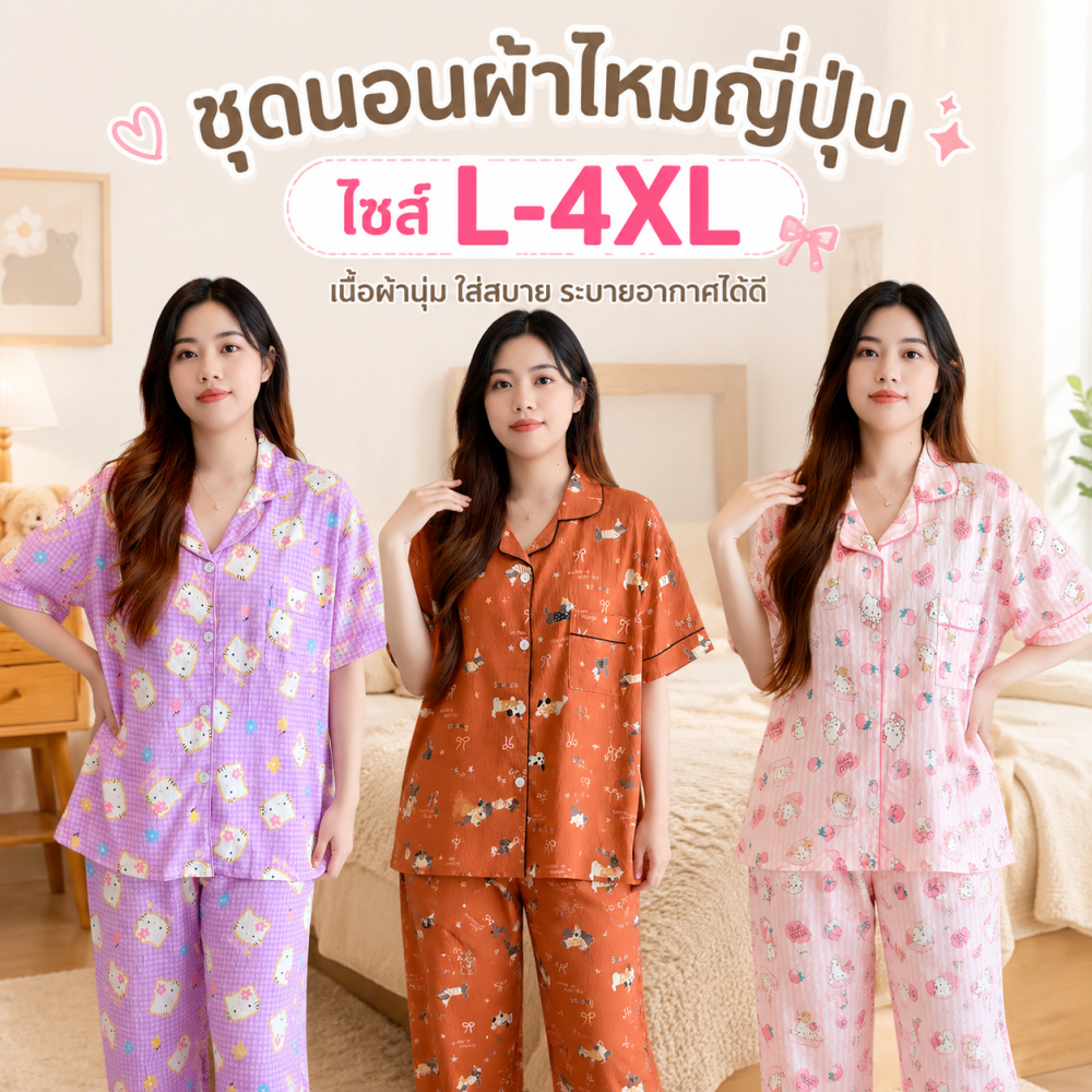 ส่งใวจากไทย ชุดนอนผ้าไหมญี่ปุ่น แขนสั้น กางเกงขายาว ชุดนอนผู้หญิง ใส่สบาย ลายน่ารัก ไซส์L-4XL