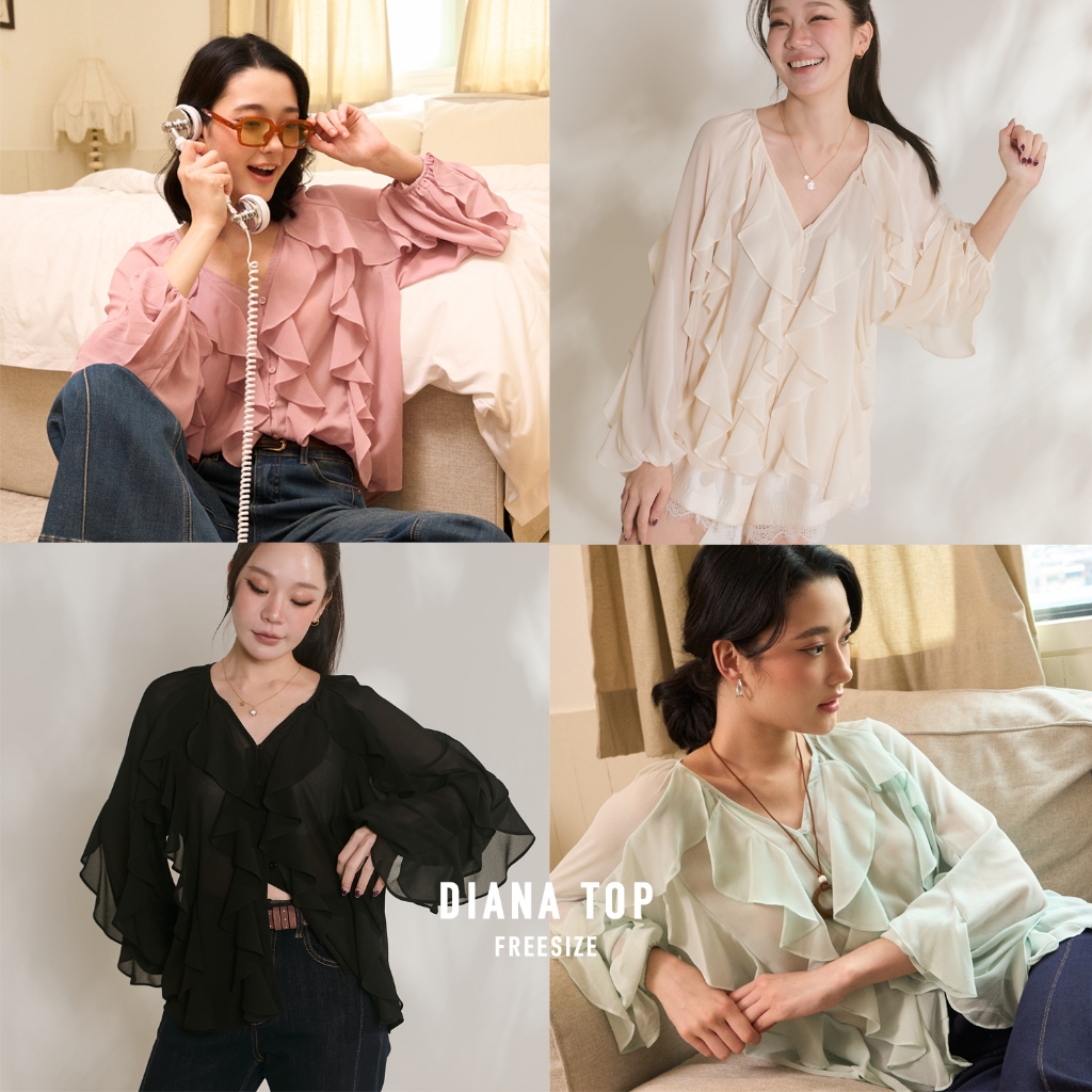 [Diana Top] ดีเทลระบายน่ารักมาก ความเป็นคอวียิ่งเสริมลุคให้ดูผอมเพรียวที่สุด ผ้าชีฟองเนื้อปานกลาง ใส่สบายเทสดีสุดๆ