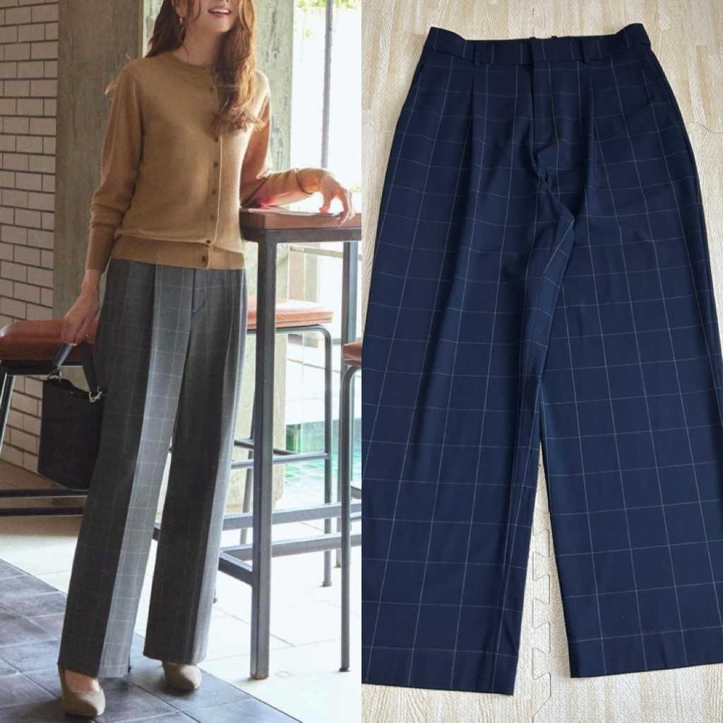 กางเกงยูนิโคล่ Pleated Wide ขากว้าง สีกรมลายตาราง ผ้าบรัช🍀XL เอว 32 นิ้ว🍀ซิปหน้า มีหูเข็มขัด
