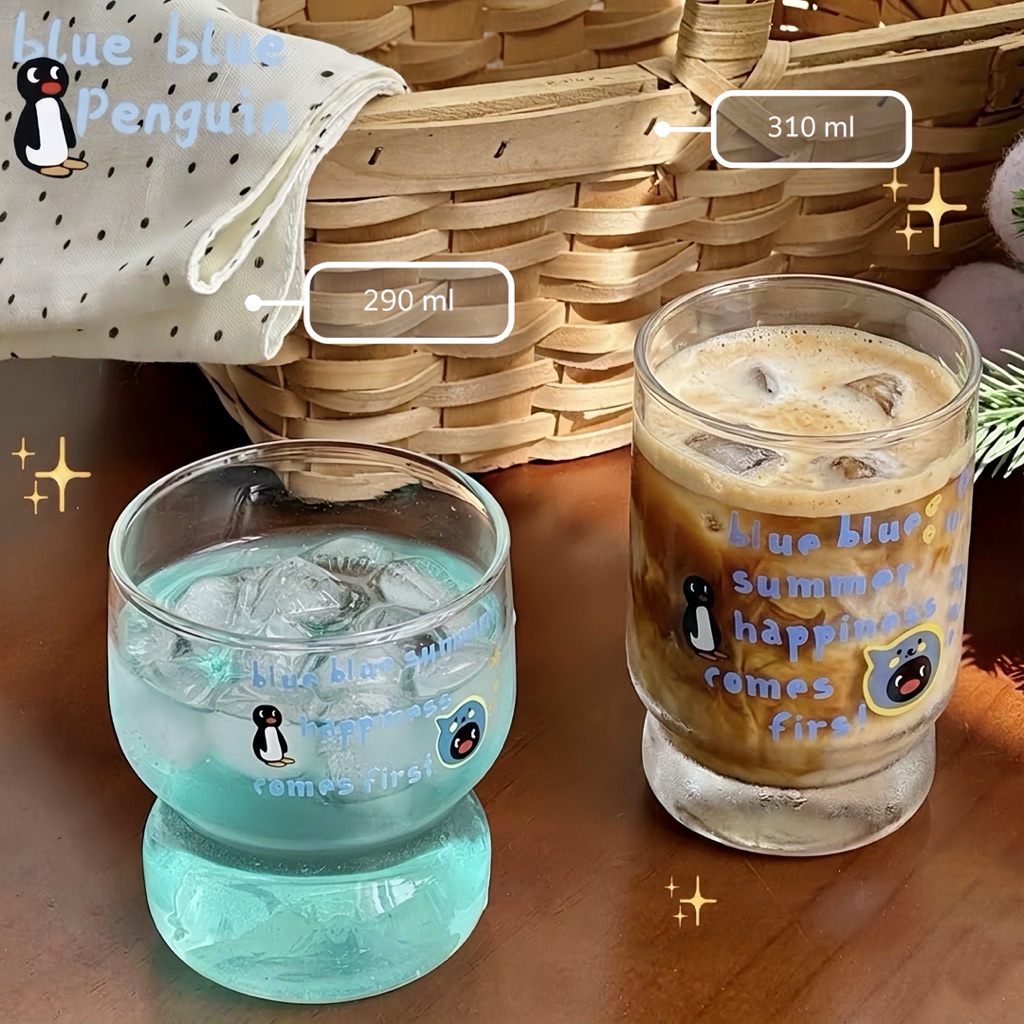 แก้วน้ำ ลายการ์ตูน แพนกวิน🐧 แก้วกาแฟ ทำจากแก้วกระจก 290-310 มล พร้อมส่ง