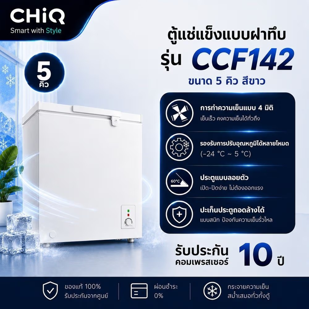 GlobalHouse CHiQ ตู้แช่แข็งแบบฝาทึบ ขนาด  5Q รุ่น CCF142 สีขาว สินค้าของแท้คุณภาพดี
