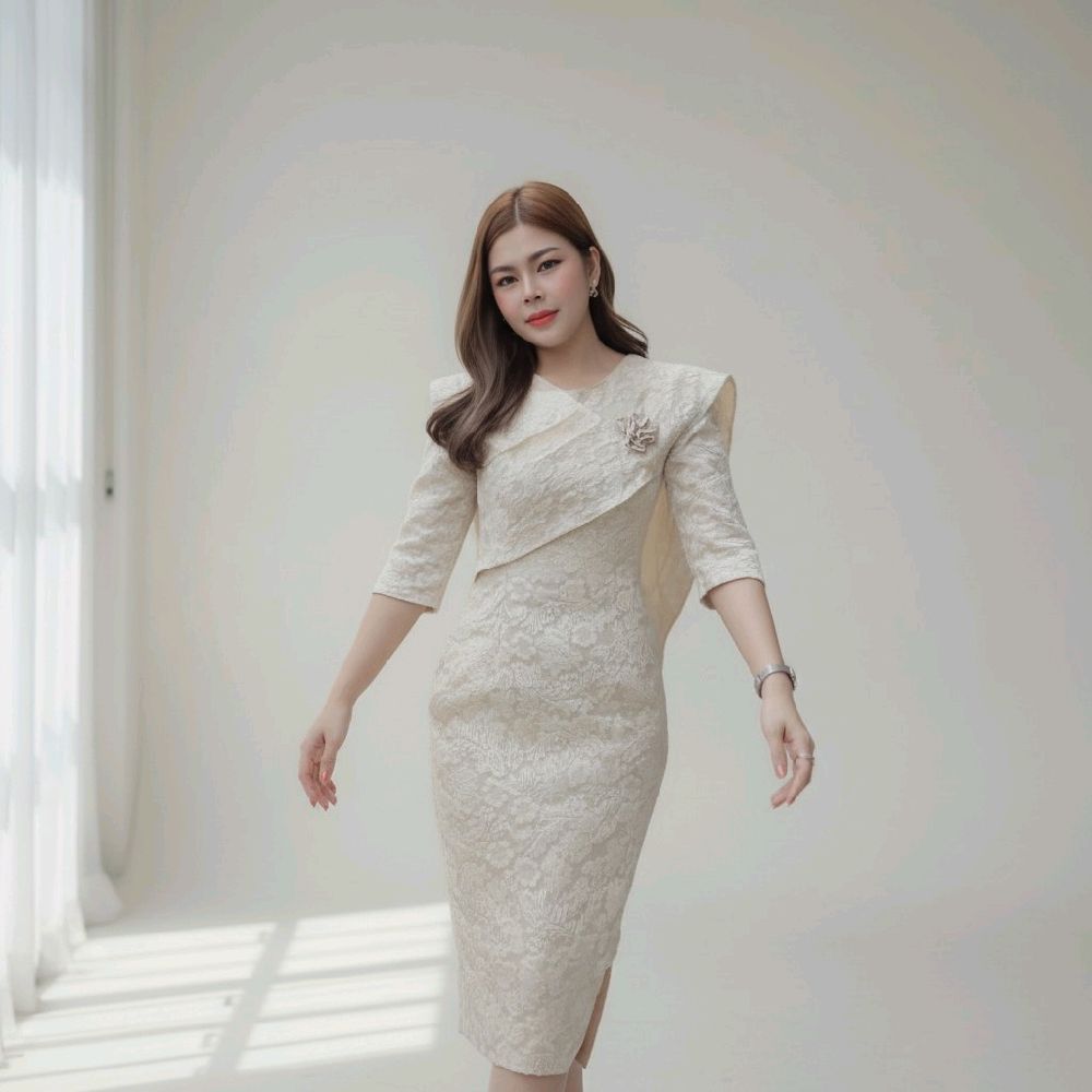 DL51 เดรสออกงาน ชุดทำงานแต่งสไบดีเทลสวยสุภาพเรียบหรู