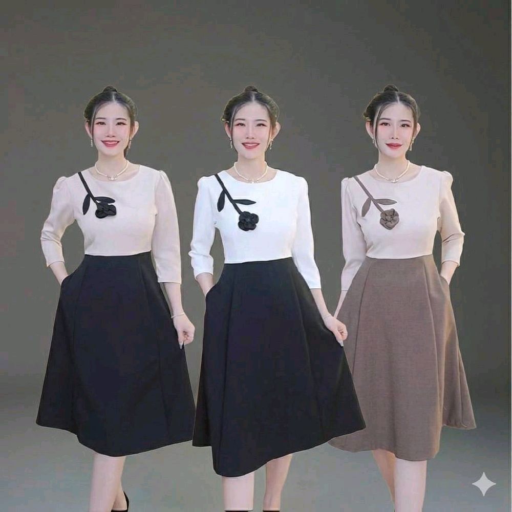 BONGKOT BRAND DS38 เดรสออกงาน ชุดทำงานคอกลมแต่งดอกไม้ดีเทลสวยสุภาพเรียบหรู ความยาว41นิ้ว