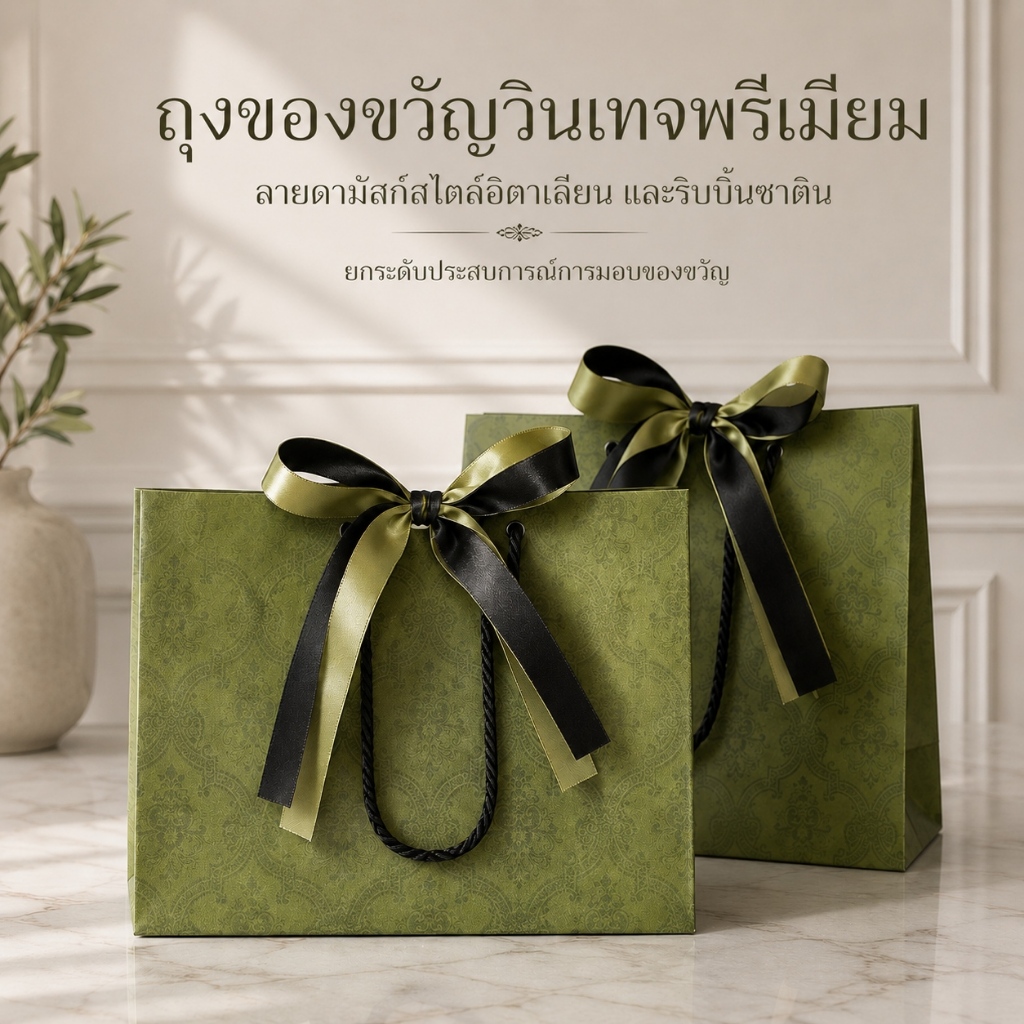 ถุงของขวัญสีเขียว ลายพรีเมียม กระดาษหนาพิเศษ แข็งแรงทนทาน แถมริบบิ้นทูโทน หลายขนาด ใส่ของขวัญ ของฝาก งานแต่ง