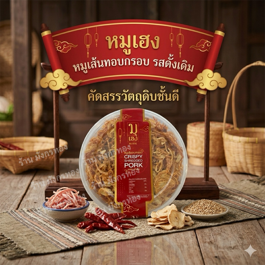 [10กระปุก] หมูเส้นอบกรอบ  มูเฮง แบบ มีโลโก้ และ แบบ ไม่มีโลโก้  ไร้น้ำมัน ซื้อยกแพคสุดคุ้ม