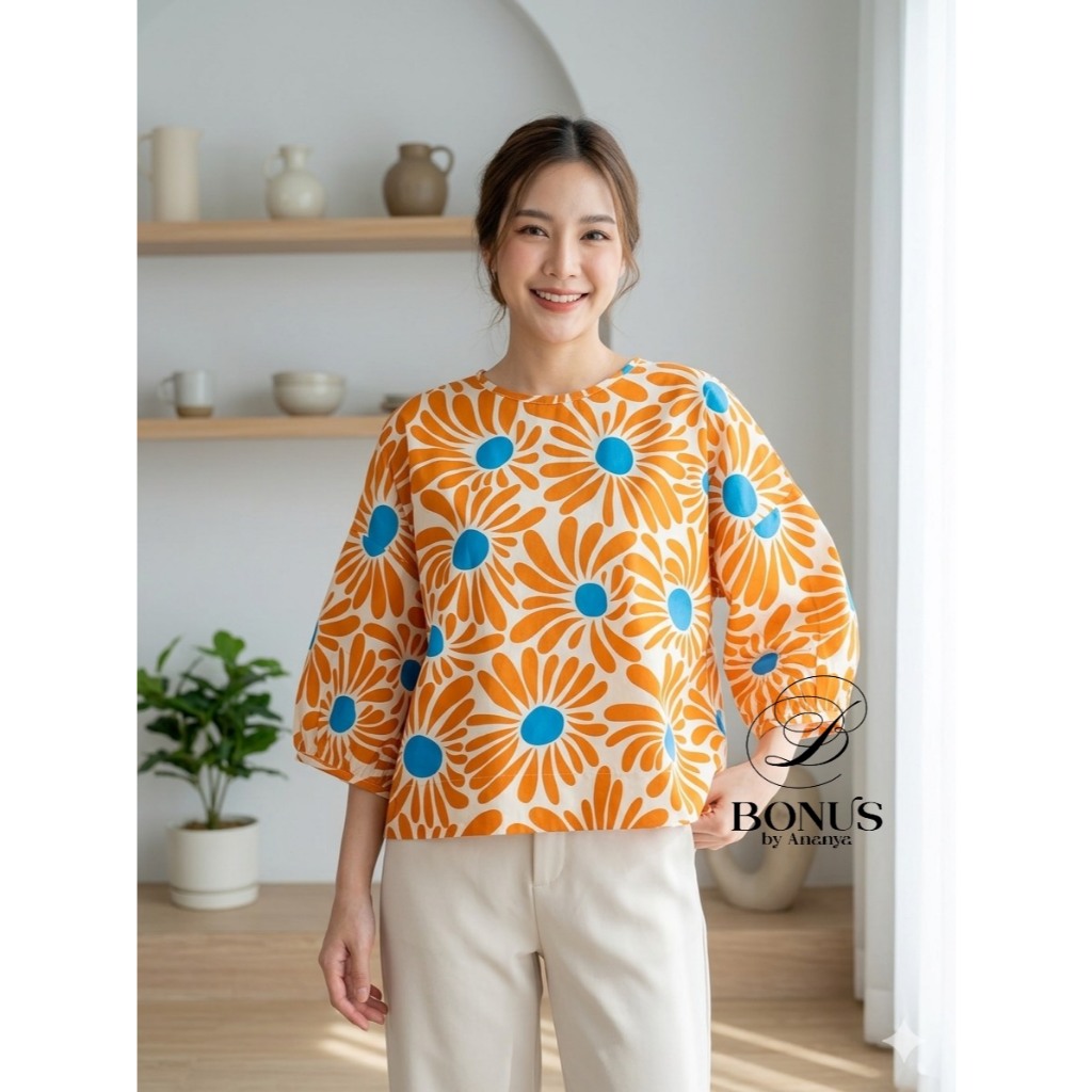 เสื้อคอกลมแขนต่อปลายแขนทรงบอลลูนผ้าคอตตอลญี่ปุ่น  ป้ายBonus by Ananya 1052569