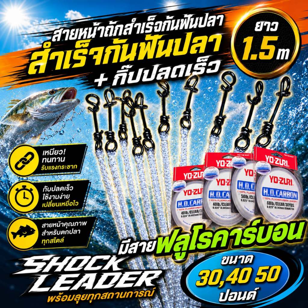 สายช้อคลีด และFlurocarbon ได้1เส้น ช้อคลีดถัก+กิ้ปปลดเร็วshock leader+swivel มี2ชนิด สายธรรมดากับสายฟลูโร ยาว 1.50 ม.
