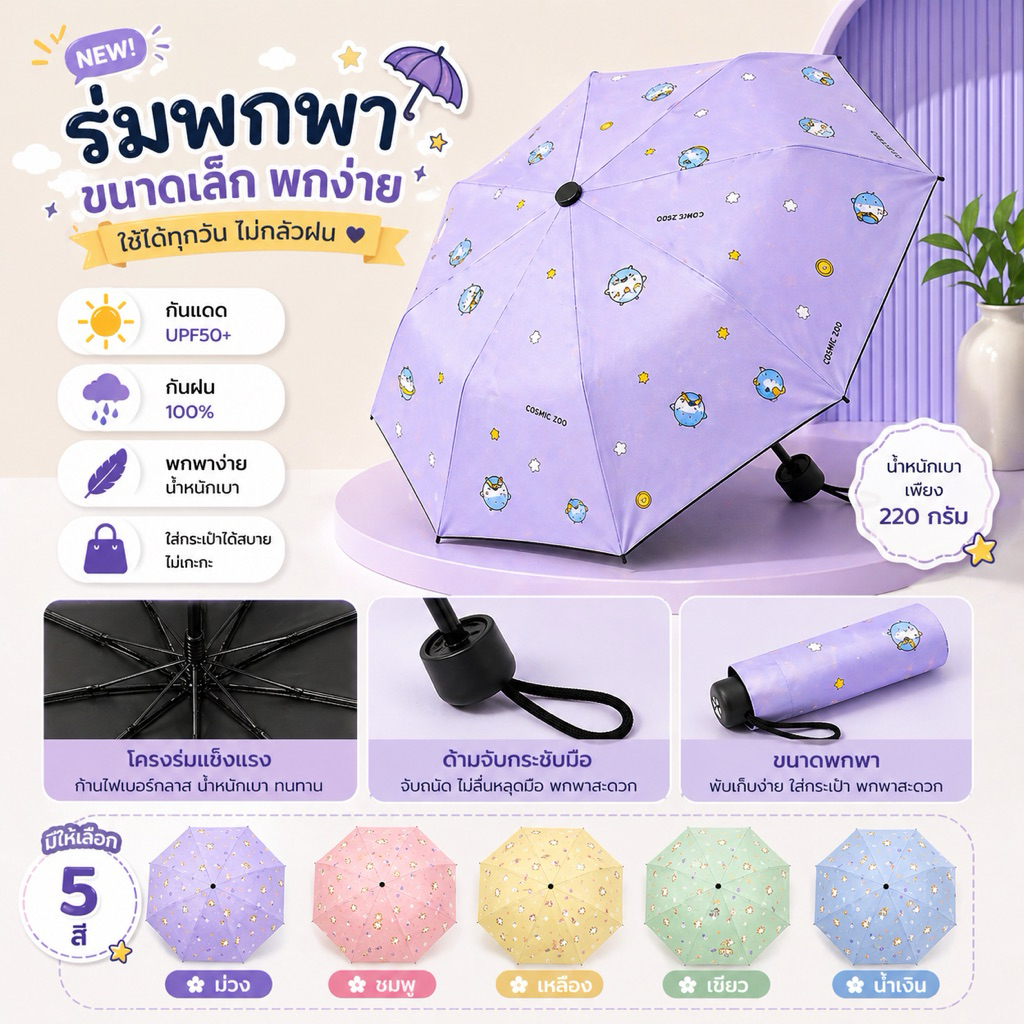 ร่มพับพกพากันยูวี UV ร่มลายปลาปักเป้า กันแดด กันฝน UPF50+ ร่มพับ 3 ตอน กันน้ำ100%