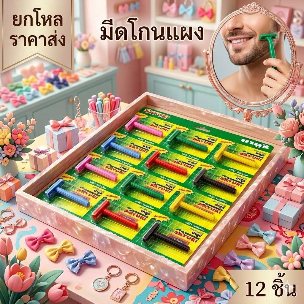 N008 SAYURI ซายูริด้ามโกนหนวดพร้อมใบมีดโกน 1แผงมี12ชิ้น(ขายยกแผง)