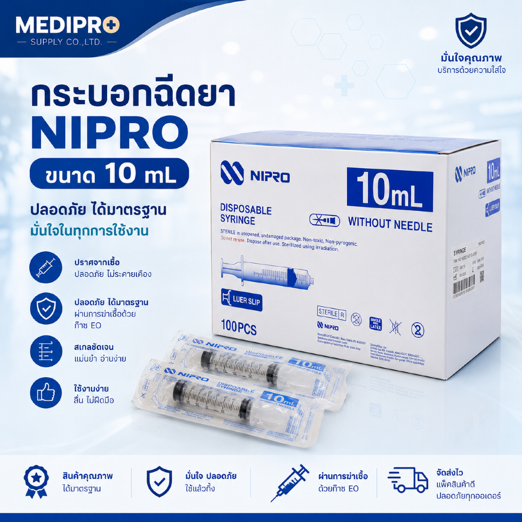 กระบอกฉีดยา 10 มล. ยี่ห้อ nipro 100 ชิ้น/กล่อง
