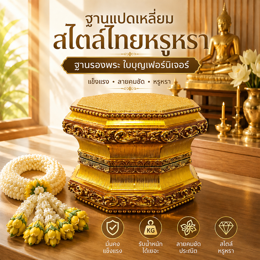 ฐานรองพระ ใบบุญเฟอร์นิเจอร์ แท่นพระ ฐานพระ แปดเหลี่ยม สูง 4 นิ้ว [ B033 ]