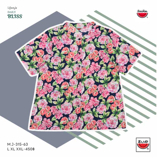 เสื้อแตงโม (SUIKA) - เสื้อแตงโมคอจีนผ่าหน้าแขนสั้นพิมพ์ลายดอกไม้ (M.J-160 315 004)