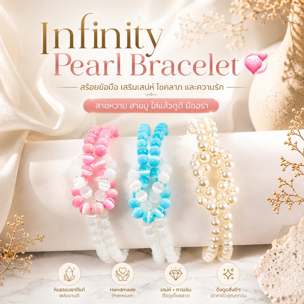 สร้อยข้อมือหินมงคล สร้อยข้อมือไข่มุก Infinity & แคทอาย | หินมงคลเสริมเสน่ห์ โชคลาภ และความรัก I 3 แบบ