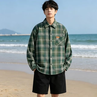 AceMenเสื้อเชิ้ตแขนยาวลําลอง เสื้อเชิ้ตผู้ชาย สไตล์เกาหลี แฟชั่นฤดูร้อน ลายสก๊อต ทรงหลวม คู่รักรุ่นเดียวกัน
