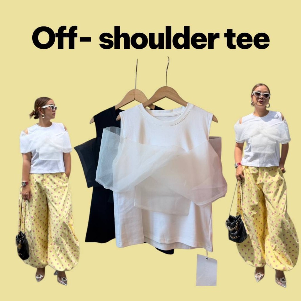 C46        เสื้อยืดเปิดไหล่ ดีเทลแต่งโบว์ใหญ่ เนื้อผ้าดีมาก ทรงใส่สวย เว่อร์วังสุดๆ สวยทุกสี รีบจัดเลยนะคั