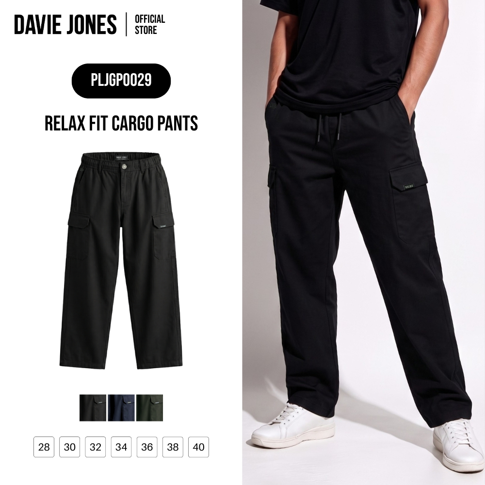 DAVIE JONES [BE FEARLESS] กางเกงคาร์โก้ผู้ชาย Relax Fit Cargo Pants สีดำ กรม เขียว GP0029