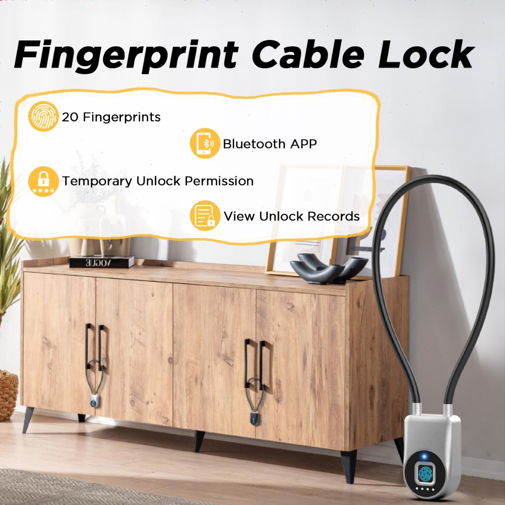 Fingerprint Cable Lock, Fridge Locks with Bluetooth APP Control, Biometric Smart Padlock for Adults Baby Proof Cabinet