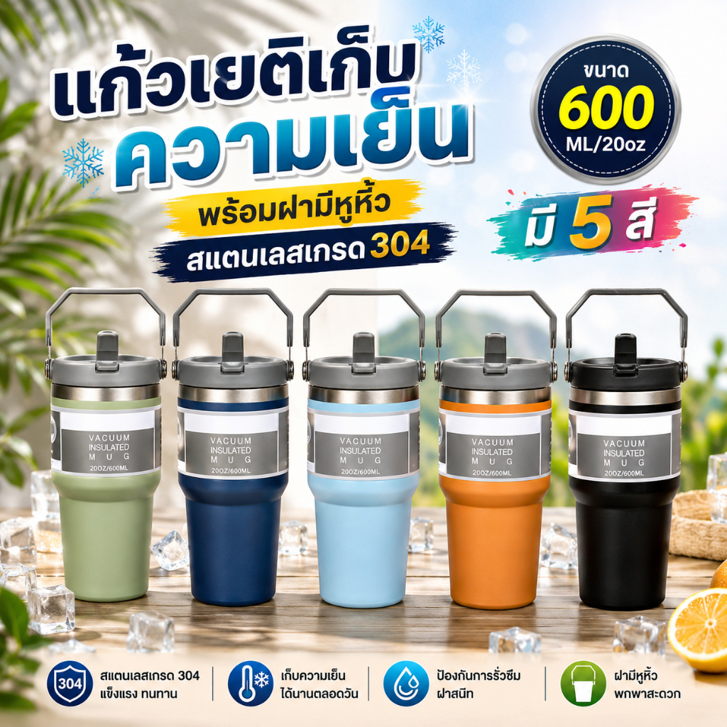 (600ml/20oz) แก้วเยติ เก็บความเย็น แก้วน้ำสแตนเลสพร้อมฝามีหูหิ้ว สแตนเลสเกรด304 เก็บอุณหภูมิได้ยาวนาน