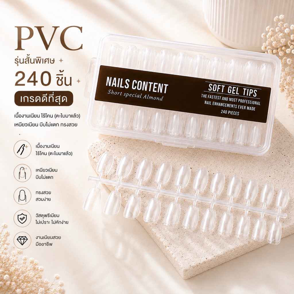 รุ่นสั้นพิเศษ / PVC เจลลี่เนื้อ soft gel Nails content ปริมาณ 240 ชิ้น เกรดดีที่สุด เนื้อบางเนียน ไร้โคน (ตะไบมาแล้ว) เห