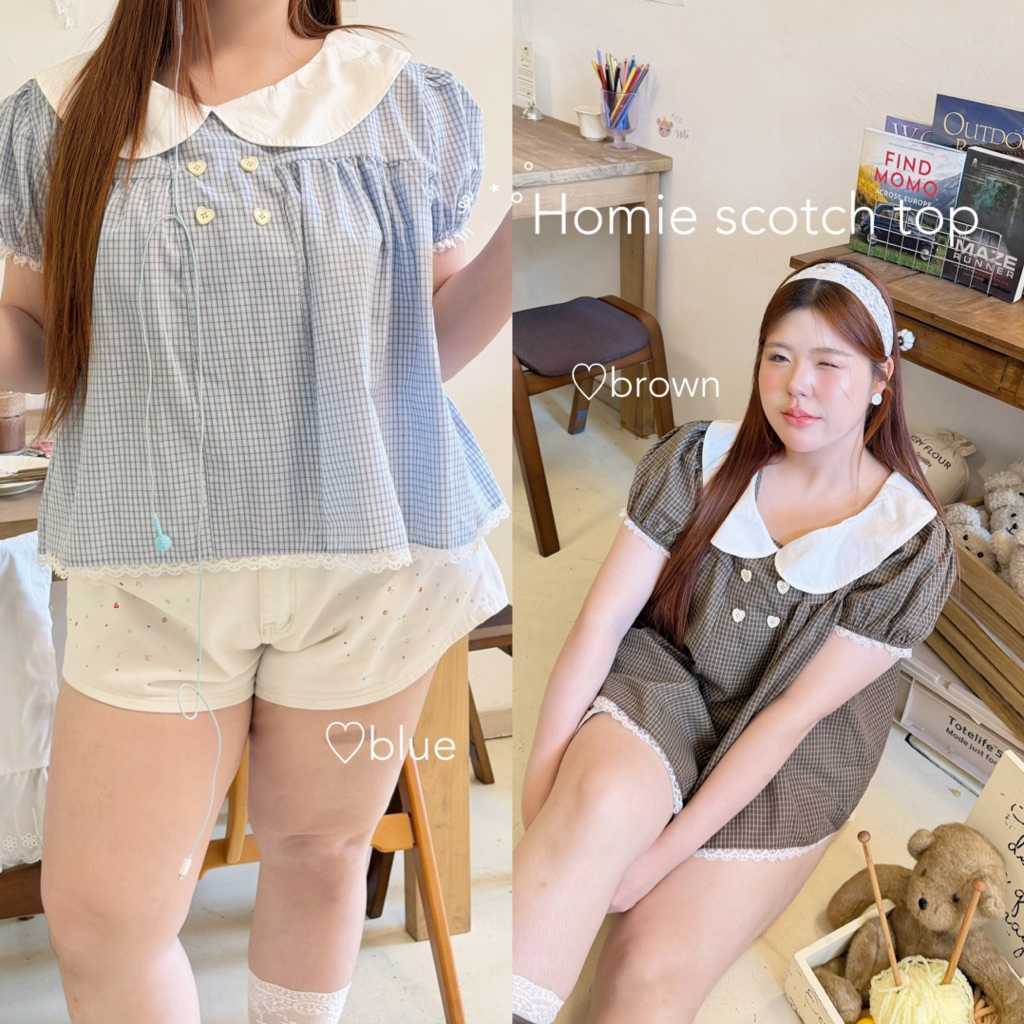 Homie scotch top ༘ ⋆｡♡˚🏠︎กดให้ไวให้ทันเสื้อคอบัวลายสก้อตสุดคิ้วท์ที่สาวอวบต้องมีใส่แล้วน่ารักเกิน“