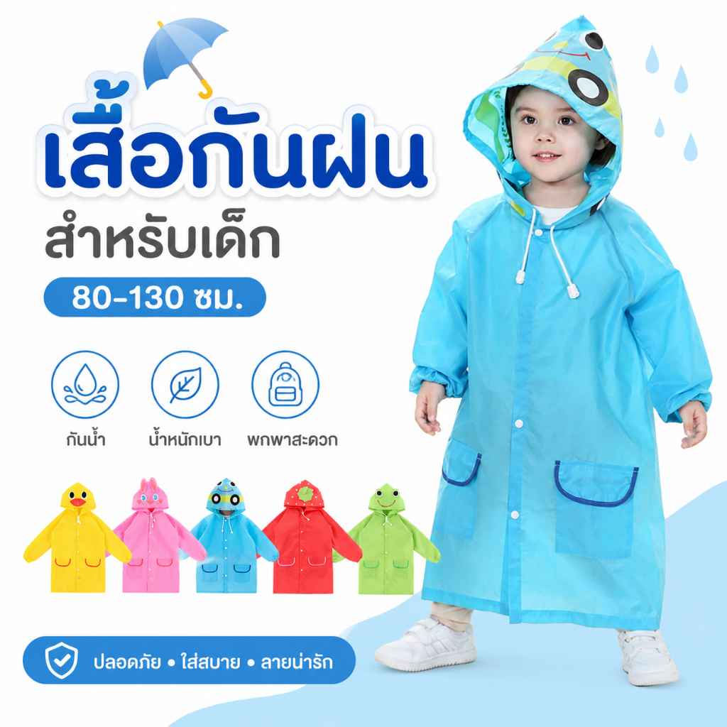 เสื้อกันฝนเด็ก ลายการ์ตูน กันน้ำ ใส่นอกบ้าน สำหรับเด็กชายหญิง เสื้อกันฝนพกพา เสื้อคลุมฝนเด็ก รุ่นกันฝนเด็กน่ารัก