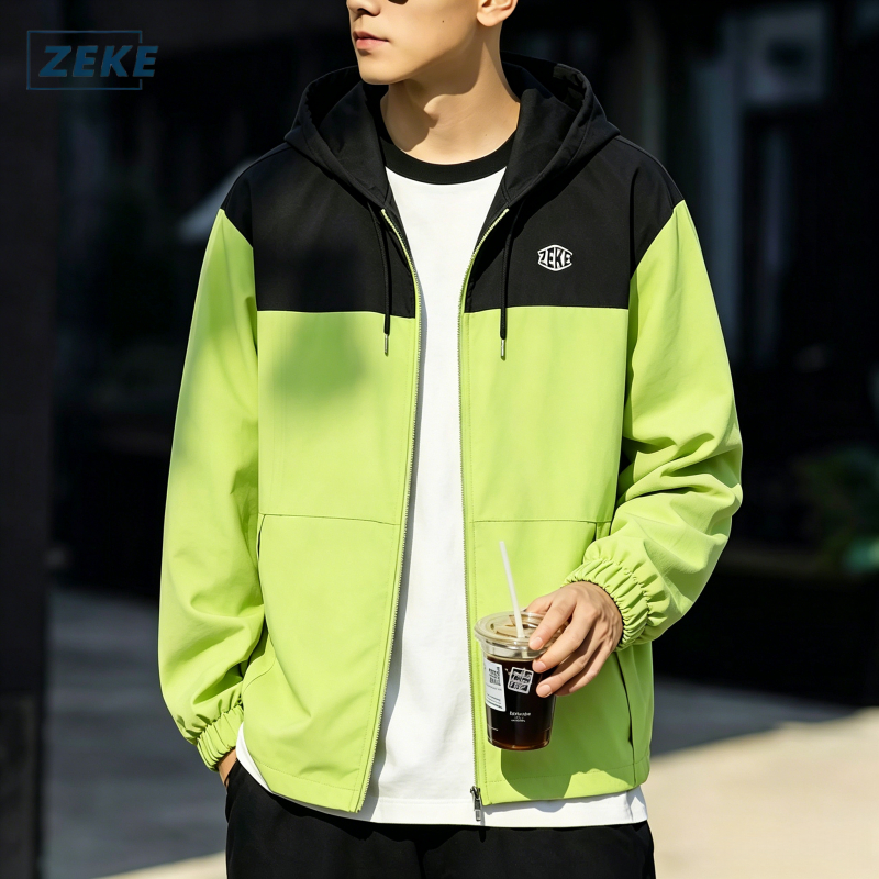 ZEKE C0050 เสื้อแจ็คเก็ตกันน้ำสองสีสำหรับผู้ชาย ปักโลโก้ เสื้อแขนยาวลำลองมีฮู้ด