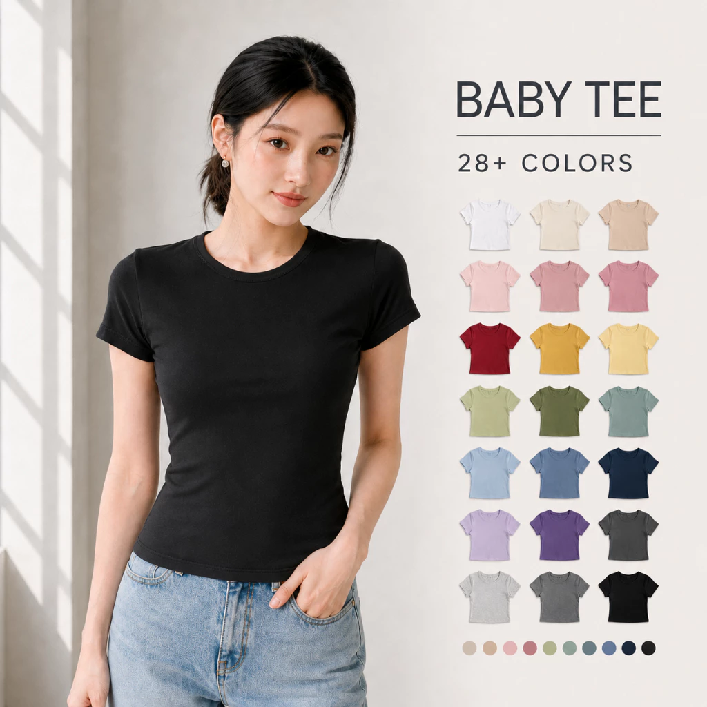 เสื้อยืดสีEarth-Tone แขนสั้น พรางพุงเข้ารูปเอวสวน Cotton100% ครอป เบบี้ที babytee