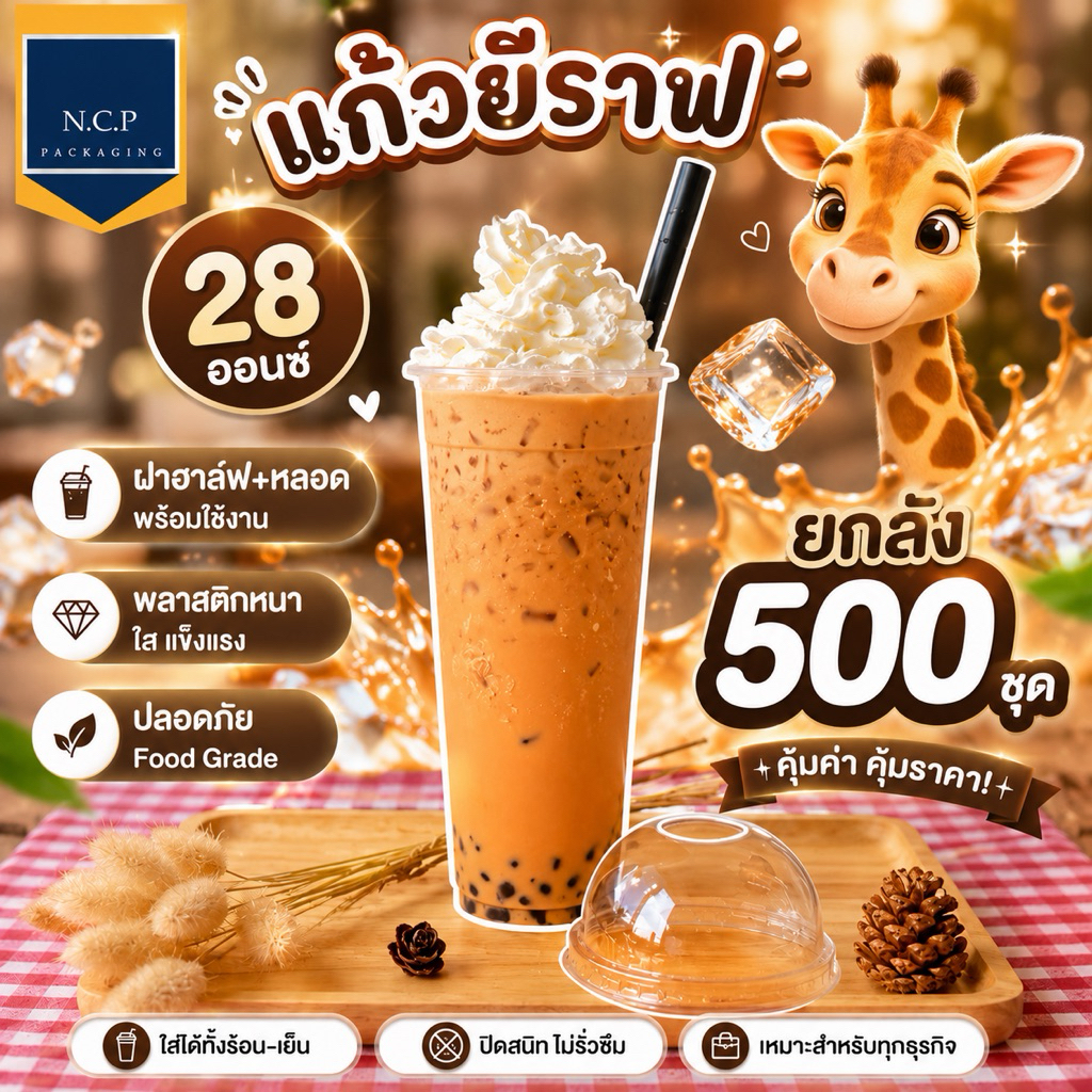 แก้วยีราฟ ขนาด28oz. พร้อมฝาฮาล์ฟใสและหลอดมุก (แบบยกลัง) 28ออนซ์ พร้อมส่ง