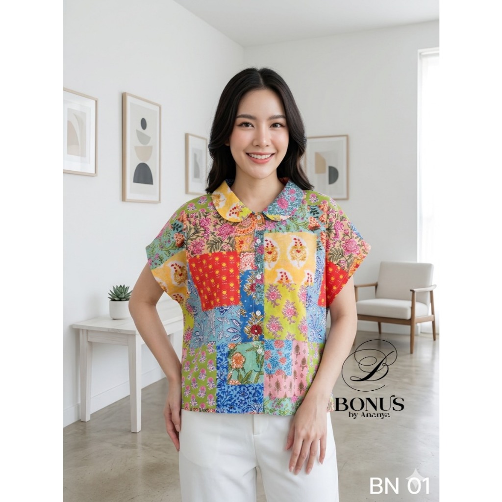 เสื้อคอปกเชิ้ตคอบัวแขนสั้นผ้าคอตตอลอินเดีย ป้ายBonus by Ananya 1452569
