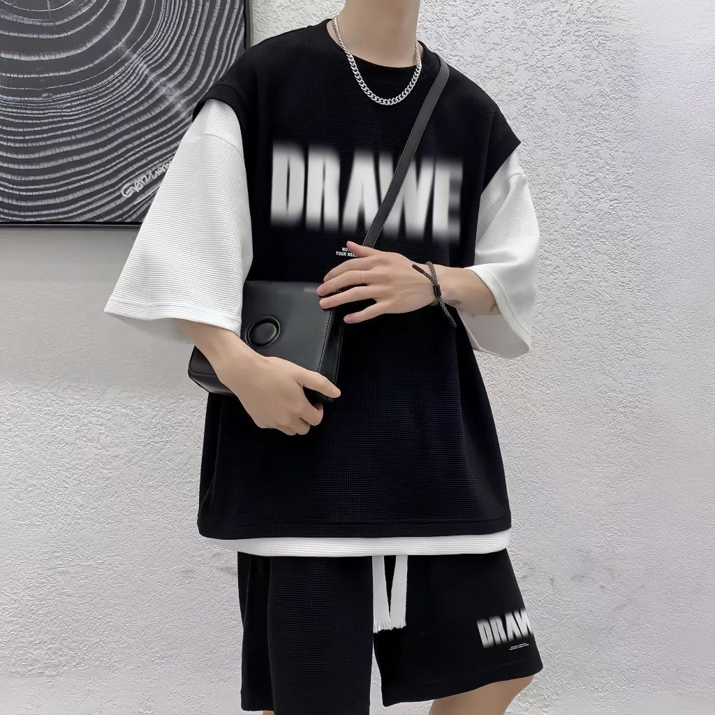 ชุดแฟชั่นชาย ชุดเช็ตผู้ชาย แขนสั้นผ้าเย็นเสื้อยืดผ้าวาฟเฟิลนุ่มชุดสูทผู้ชายฤดูร้อนใหม่แฟชั่นเกาหลีสลิมหลาใหญ่กีฬาสองชิ้น