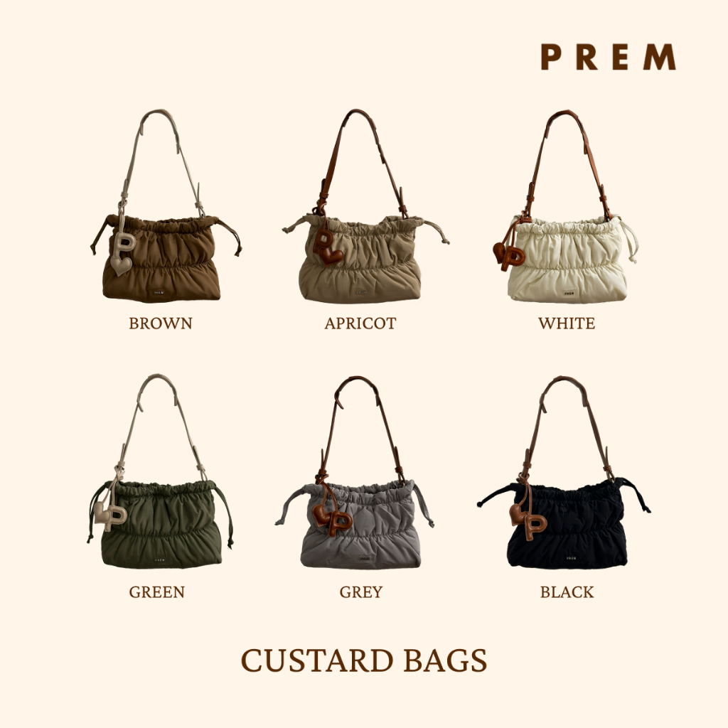 PREM กระเป๋าคัสตาร์ด ผ้า NYLON* จีบย่น สำหรับสะพายไหล่ สายปรับระดับได้ มีสายยาวแถมให้ #952