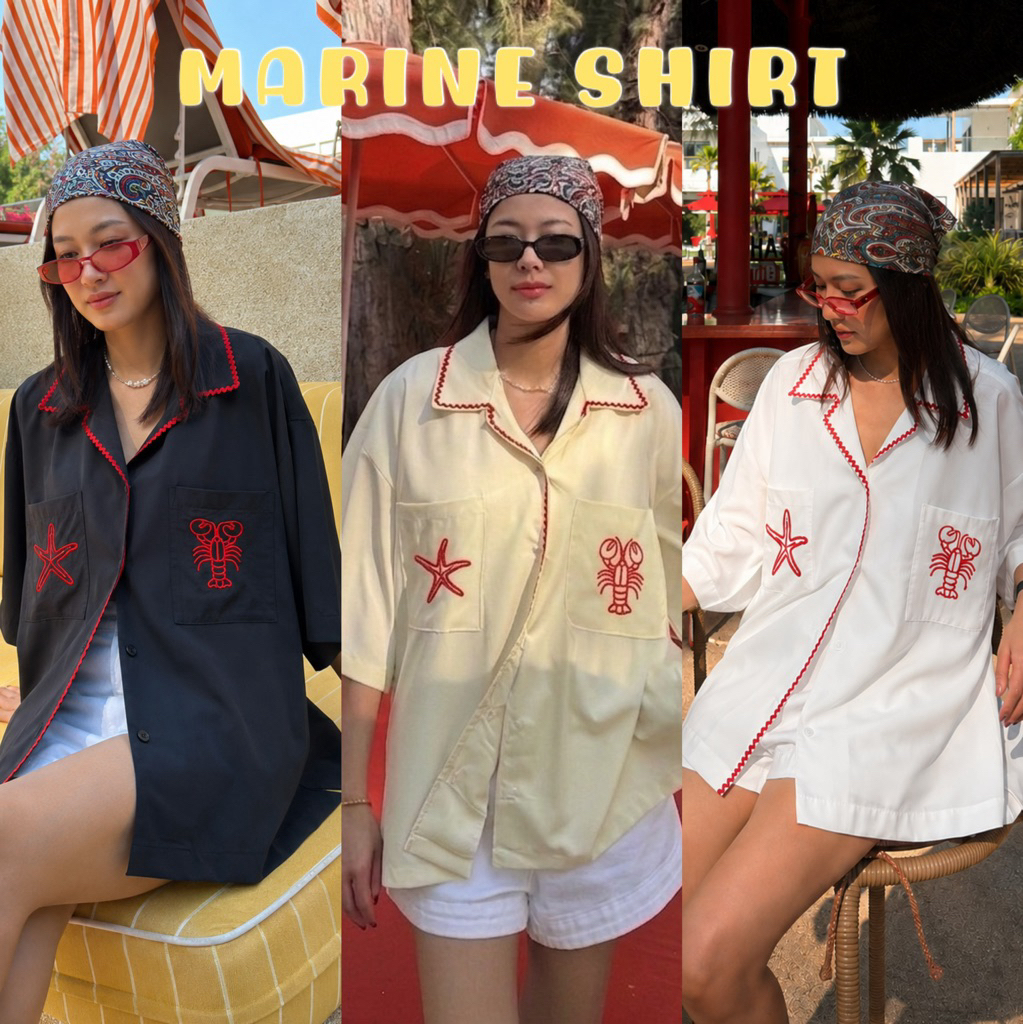 รุ่นใหม่ 🦞 𝗠𝗔𝗥𝗜𝗡𝗘 𝗦𝗛𝗜𝗥𝗧 เสื้อเชิ้ตปักรูปปลาดาว& ลอบสเตอร์ ที่กระเป๋า2ข้าง ทรงโอเวอร์ไซส์ อกหน้าผ้า50“