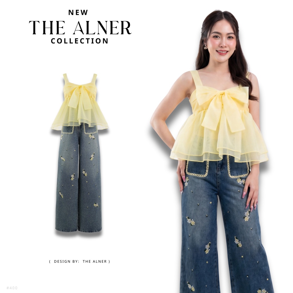 Thealner-AN400 เซตเสื้อสายเดี่ยวเหลืองแต่งโบว์กางเกงยีนส์ขายาว