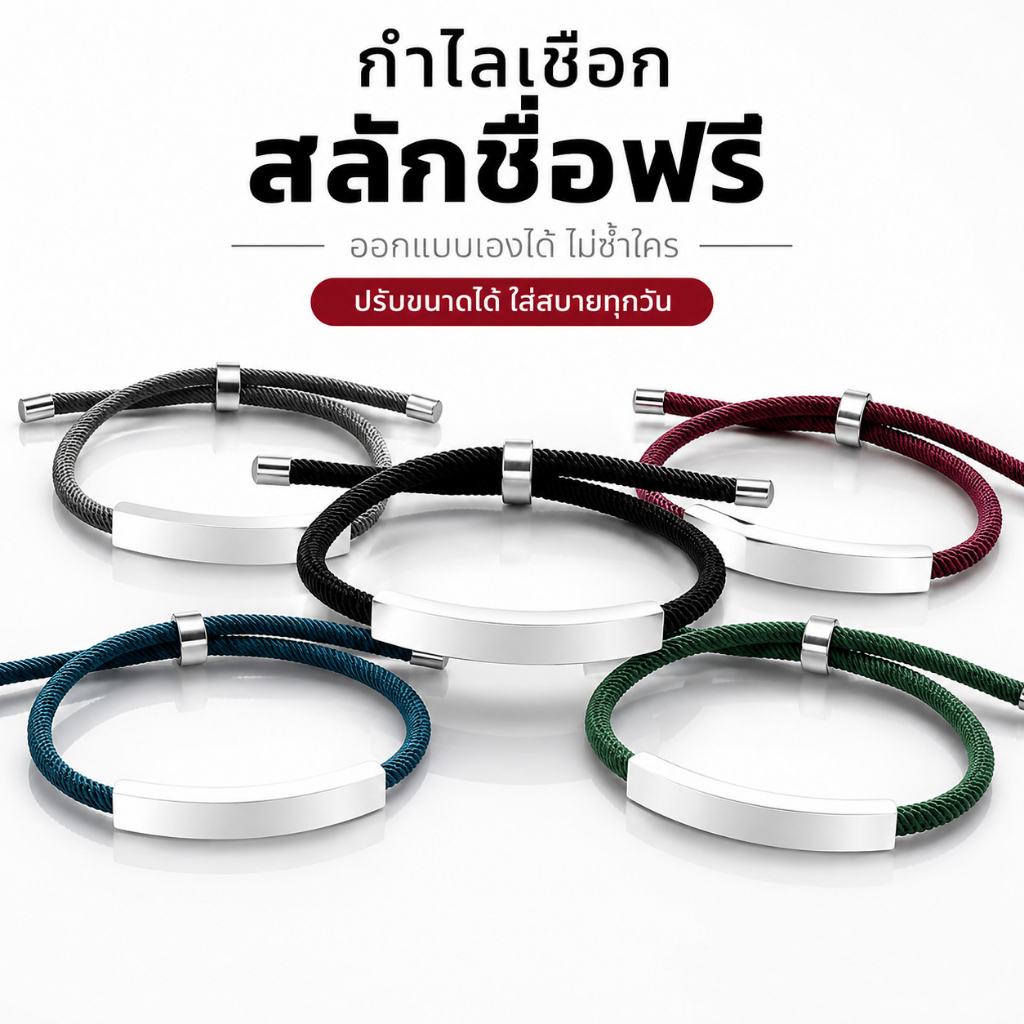 กำไลเชือกสลักชื่อฟรี ปรับขนาดได้ ใส่ได้ทั้งผู้หญิงและผู้ชาย ดีไซน์เรียบหรู สแตนเลสคุณภาพสูง ไม่ลอกไม่ดำ ของขวัญคู่รัก วั