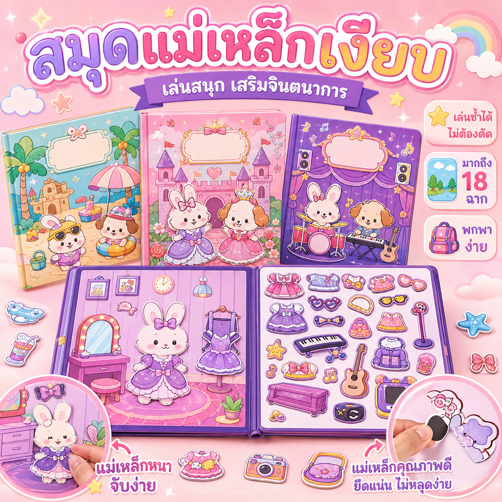 COD สมุดแม่เหล็ก ฉากแต่งตัว Magnetic Quiet Book หนังสือแฮนด์เมด หนังสือเงียบ ของเล่นเด็ก DIY(18x18cm)